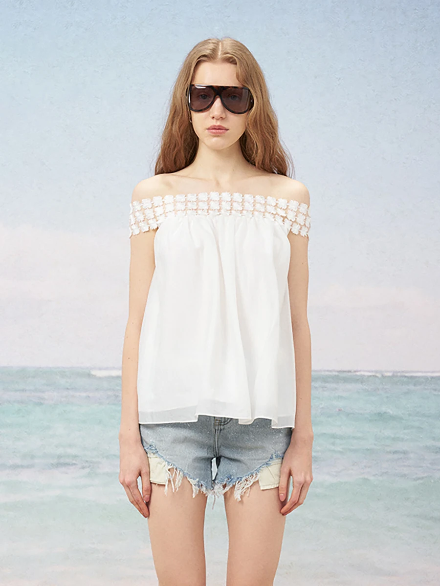 

Брендовая ацетатная футболка А-силуэта с кружевом на одно плечо, простая повседневная модель для работы, с коротким рукавом, облегающая, однотонная, весенняя.