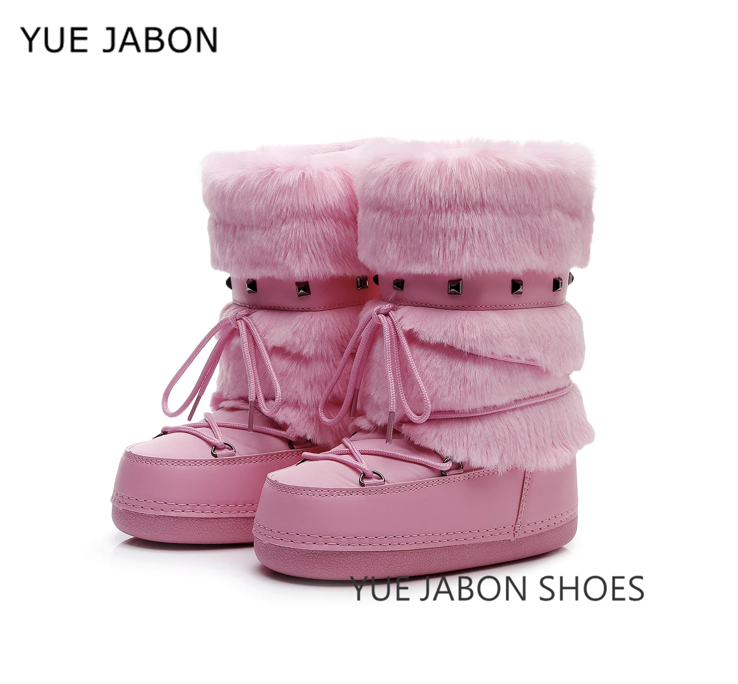 Botas peludas rosas para mujer, zapatos cálidos con remaches para esquiar, botas espaciales para mujer, zapatos de invierno a la moda para mujer, botas de nieve antideslizantes para niñas