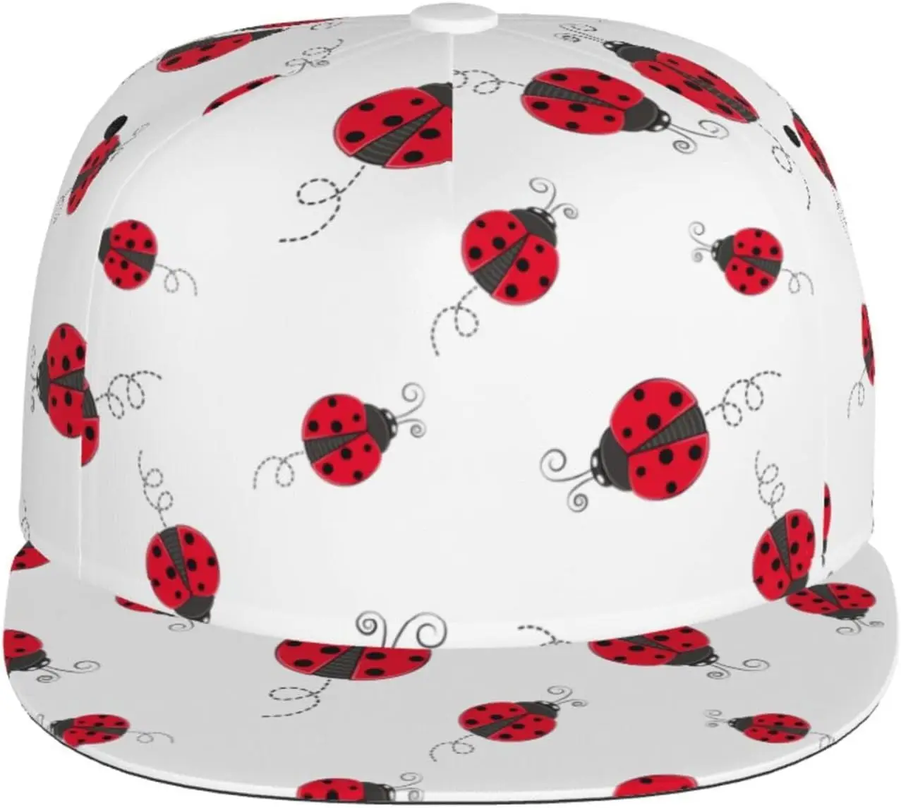 Cute Red Ladybug Cartoon Pattern Flat Bill Hat, Unisex Snapback Baseball Cap Hip Hop Style Flat Visor Blank Adjustable