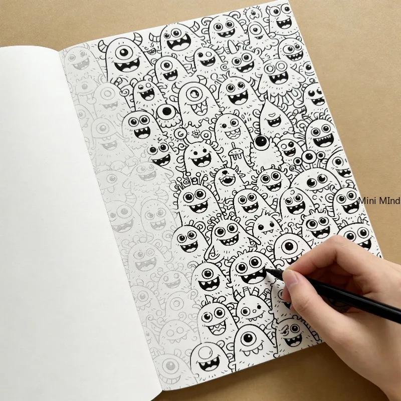 A Line Drawing Coloring Book with A Theme of Small Monsters, 28 Different Patterns, Large-sized Drawing Book, Art Creation Gift