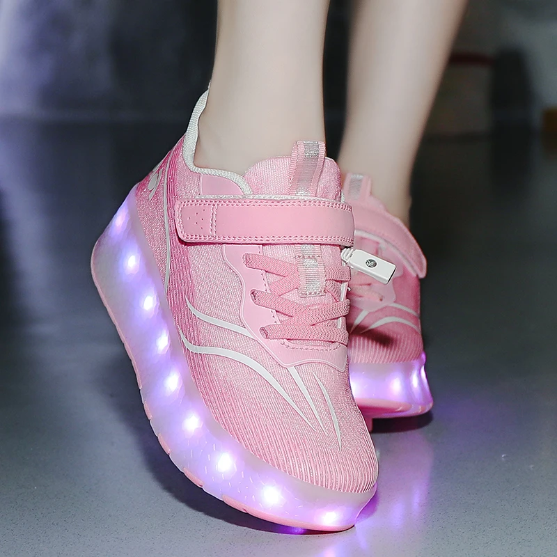 Pattini a rotelle traspiranti in rete scarpe da passeggio per bambini ruote doppie pattini a rotelle luminosi ricaricabili per studenti adolescenti