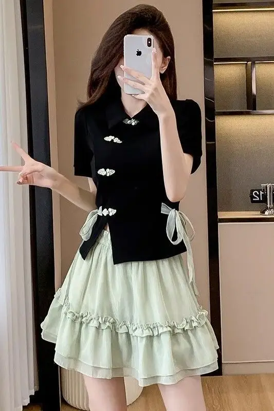 Chinese-style Qipao Modified Suit for Women Sweet and Slimming Summer Outfit with Knotted Buttons and A-line Skirt