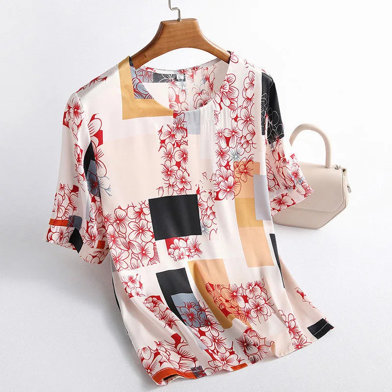 Summer Fashion Floral Print Womens Tops And Blouses Red Printed Bat Short Sleeve O-Neck Tee Tops Female Shirt