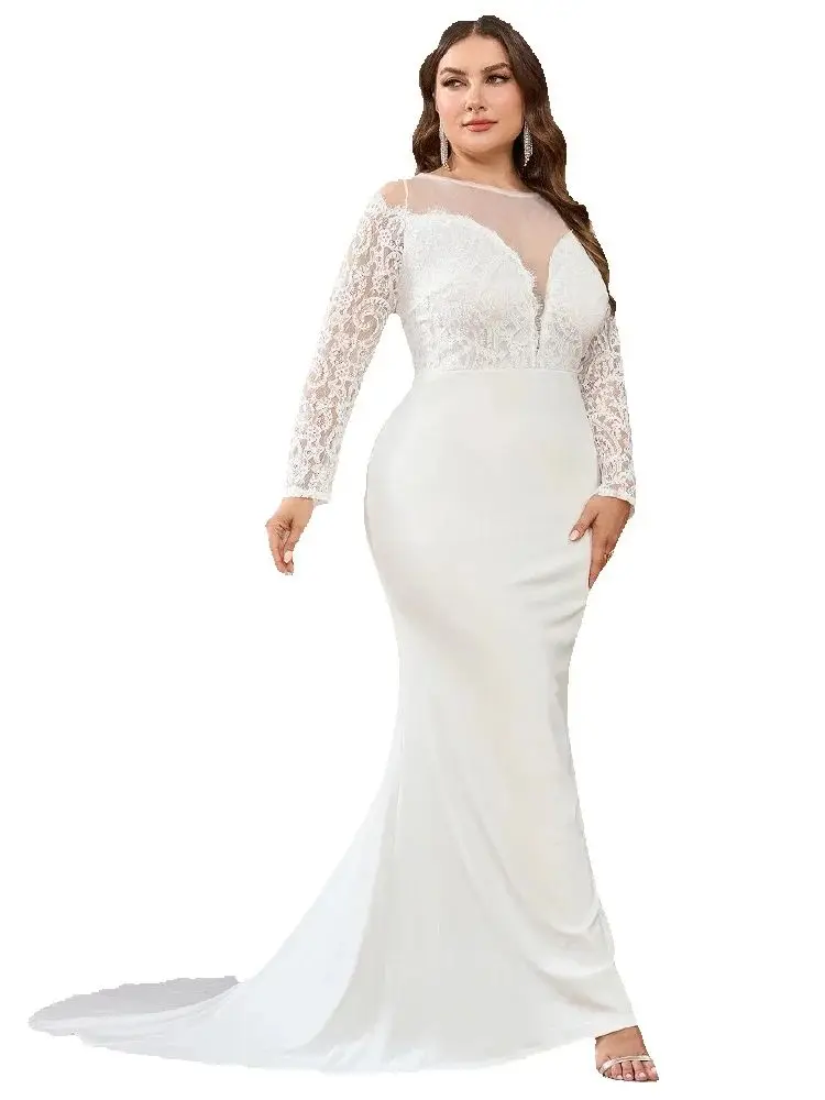 

Women's Long Dress Summer Elegant Solid Color Patchwork Wedding Prom Lace V-neck Long-Sleeve Backless Back Zipper Party Dress
