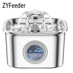 2.6L Automatic Cat Water Fountain Stainless Steel Pet Water Feeder Dog Water Fountain with window 2 Flow Mode （No 5V 1A Plug）