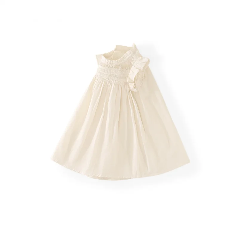 Girls' DressinsWind2025Summer New Style Hollow Lace Heavy Craft Ruffled Collar Dress with Small Flutter Sleeves