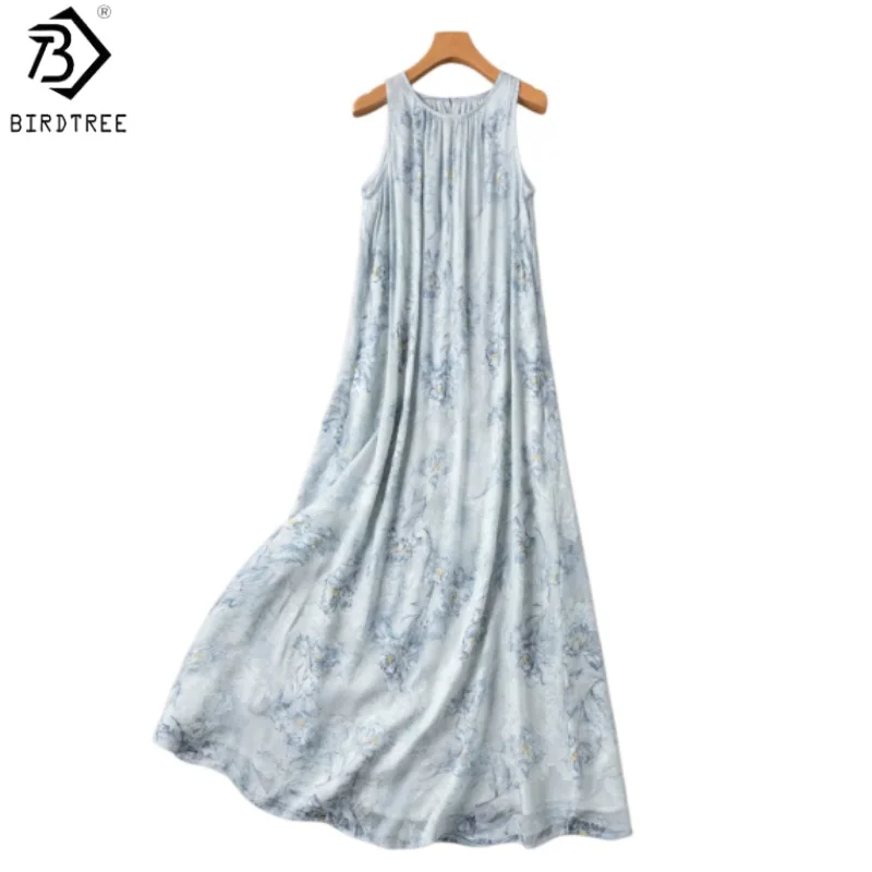 

BirdTree, 100% Silk Print Dress, Sleeveless O-neck, Women Clipped Voile Double Layer Elegant Dresses, 2026 Summer New D65606JF