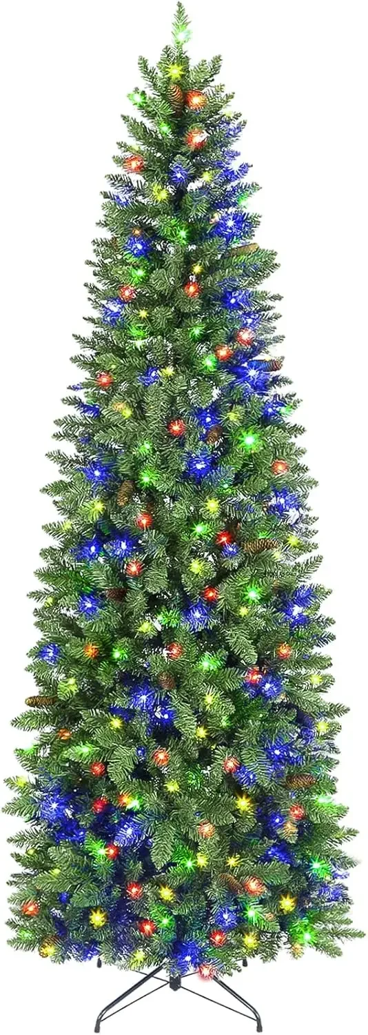 6.5 ft Prelit Pencil Slim Christmas Tree with 200 Color Changing LED Lights, 544 Branch Tips, Metal Stand and Hinged