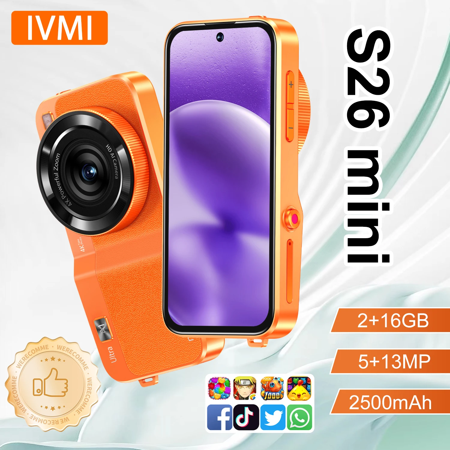 IVMI S 26 Mini Toy Smartphone Android 10.0 2GB Memory 16GB ROM 5+13MP Face ID 3G Network Google Play Store Mobile Phone Gift