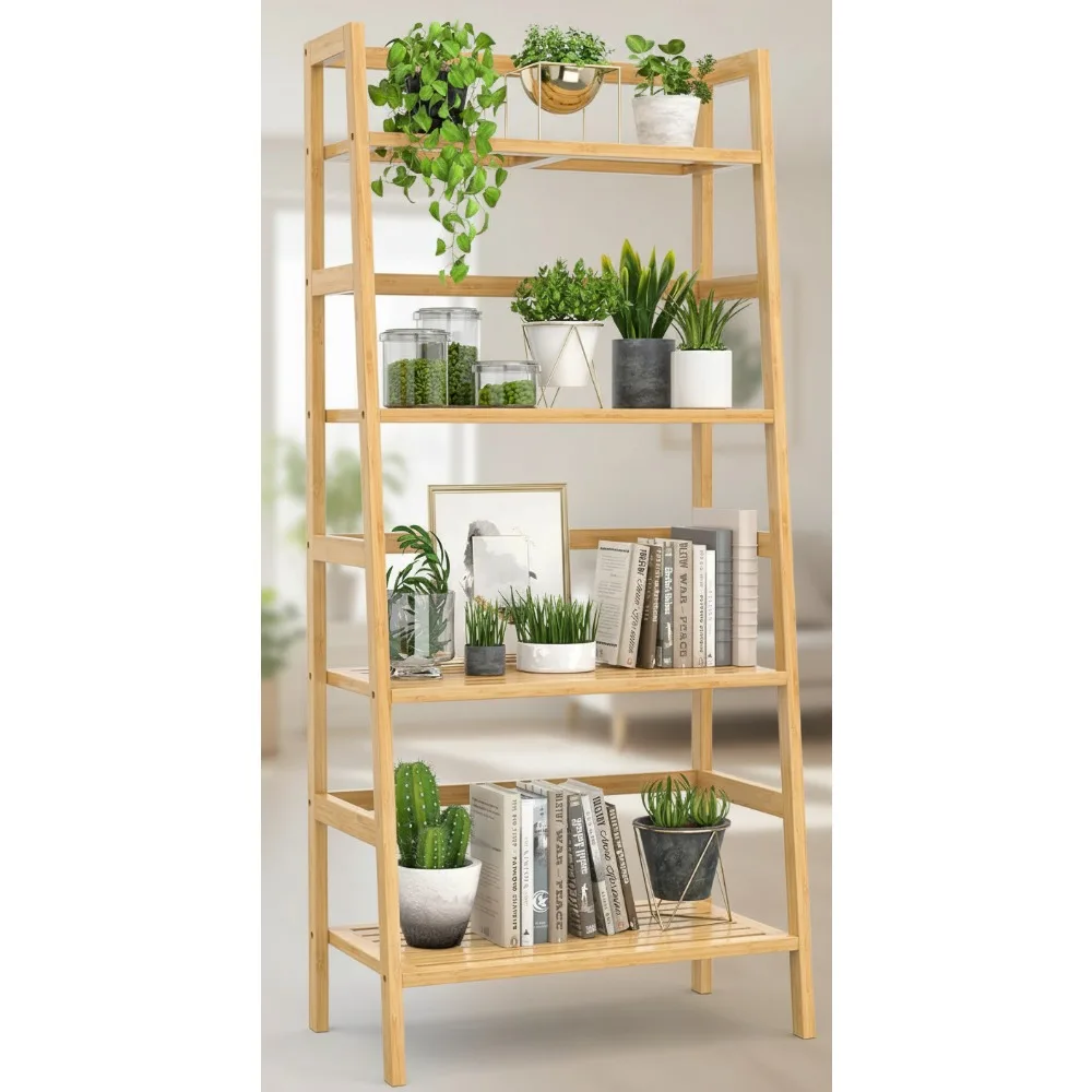 

4-Tier Bamboo Ladder Shelf, Freestanding Bookcase Storage Unit for Small Spaces, Bedroom, Living Room, Home Office