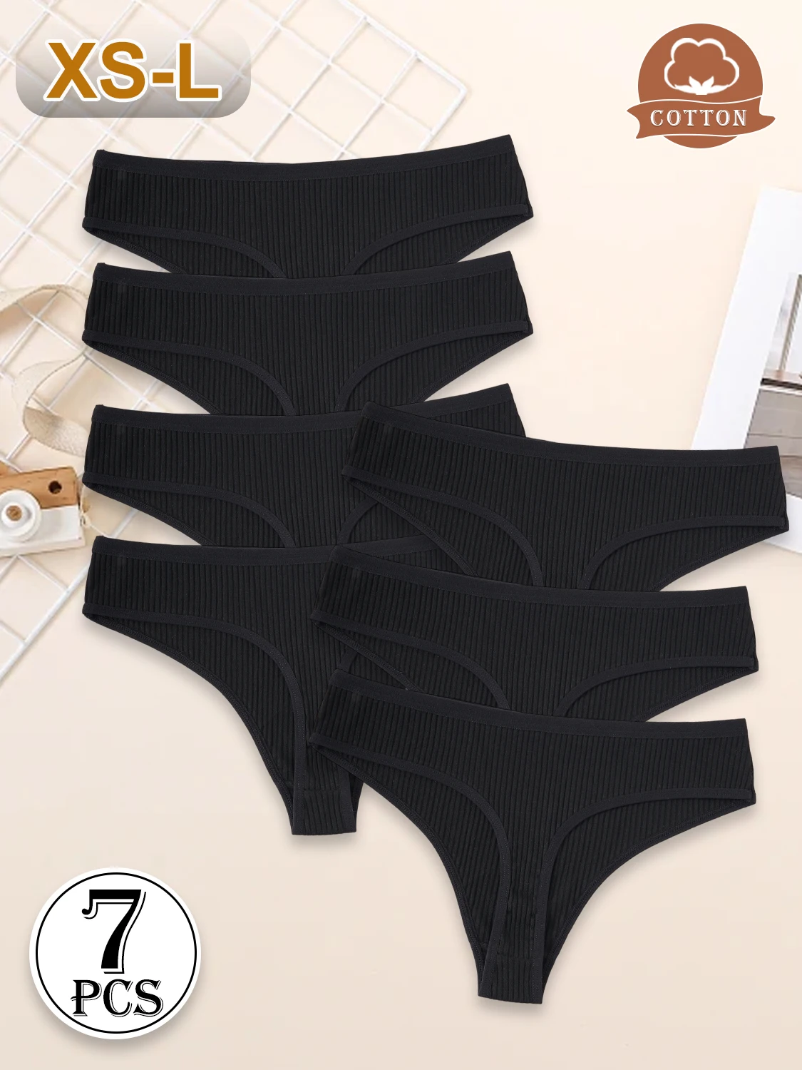 7PCS New Black Cotton Women's G-Strings Female Low Rise Striped Thongs Panties Sexy Bikini Breathable T-Back Intimates Lingerie - Image 2