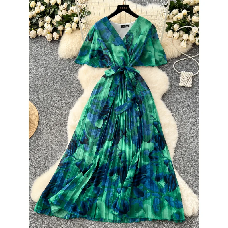 Boho feminino verão bandagem com decote em v floral impressão chiffon vestido longo ins casual plissado praia vestidos de férias elegante túnica