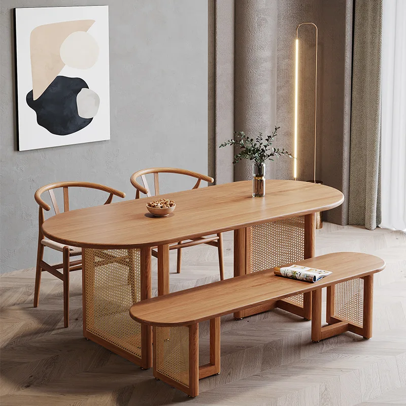 Modern simple solid wood dining tables and chairs, coffee shop oval casual tables and chairs, restaurant rattan mesh foot rice