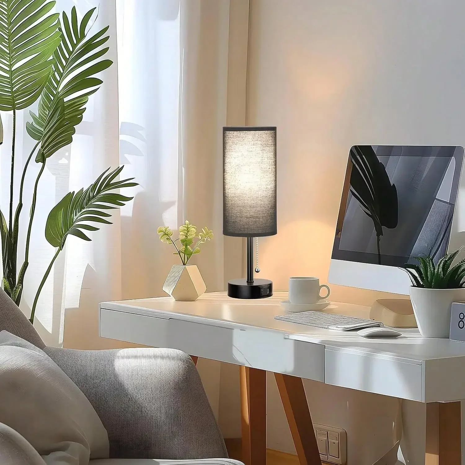 Touch Control Table Lamps With USB Ports & AC Outlet, 3 Way Dimmable Bedside Lamps With Fabric Shades, A19 LED Bulbs Included, Perfect For Bedroom, Living Room, And Reading