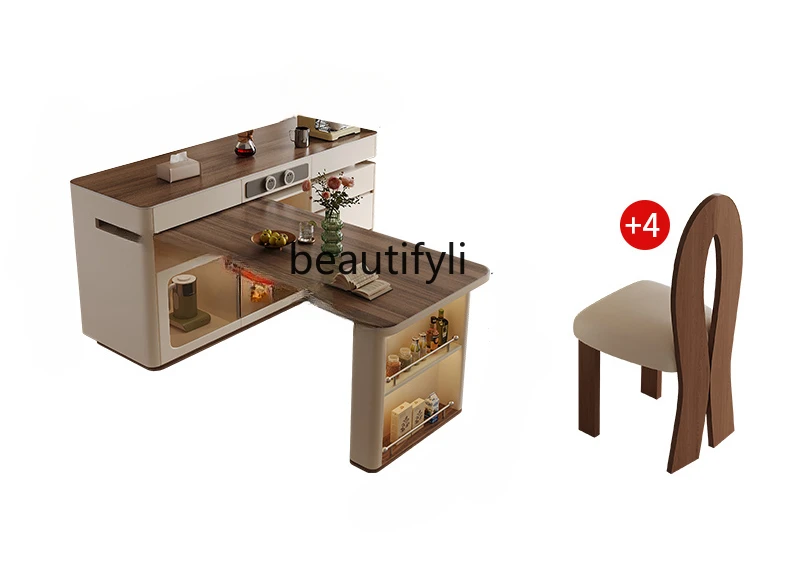 Rotating island table integrated household walnut retro retractable open kitchen rock slab guide table