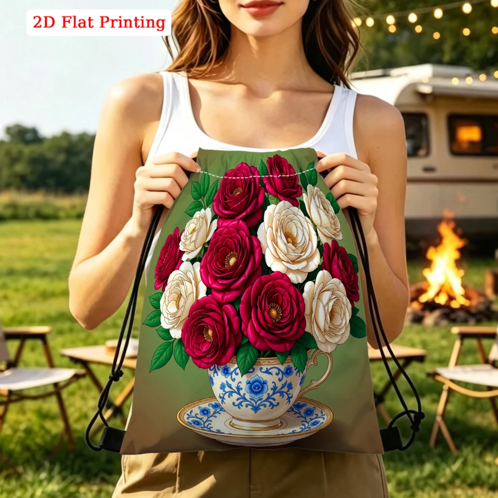 Vintage Floral Teacup, Drawstring Backpack, 2D Flat Printing Rose Pattern, Gym Sports Bag, Outdoor Travel Cinch Sack