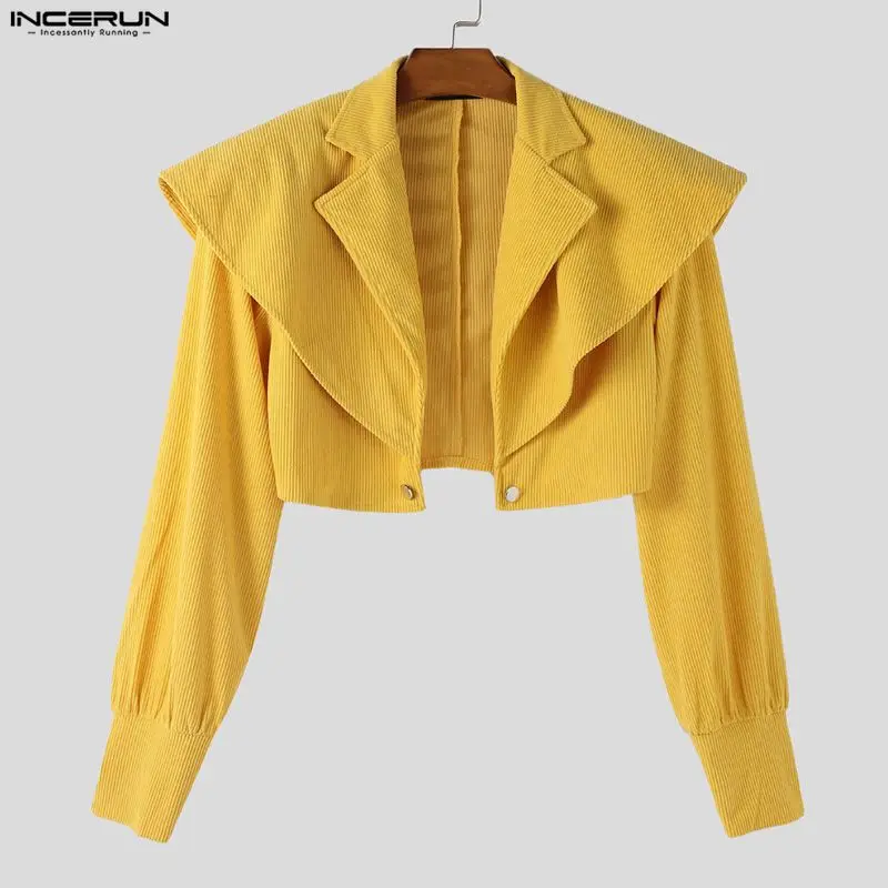 INCERUN Men Blazer Solid Color Lapel Long Sleeve One Button Crop Blazer Men Streetwear Personality Fashion Casual Male Suit 2025