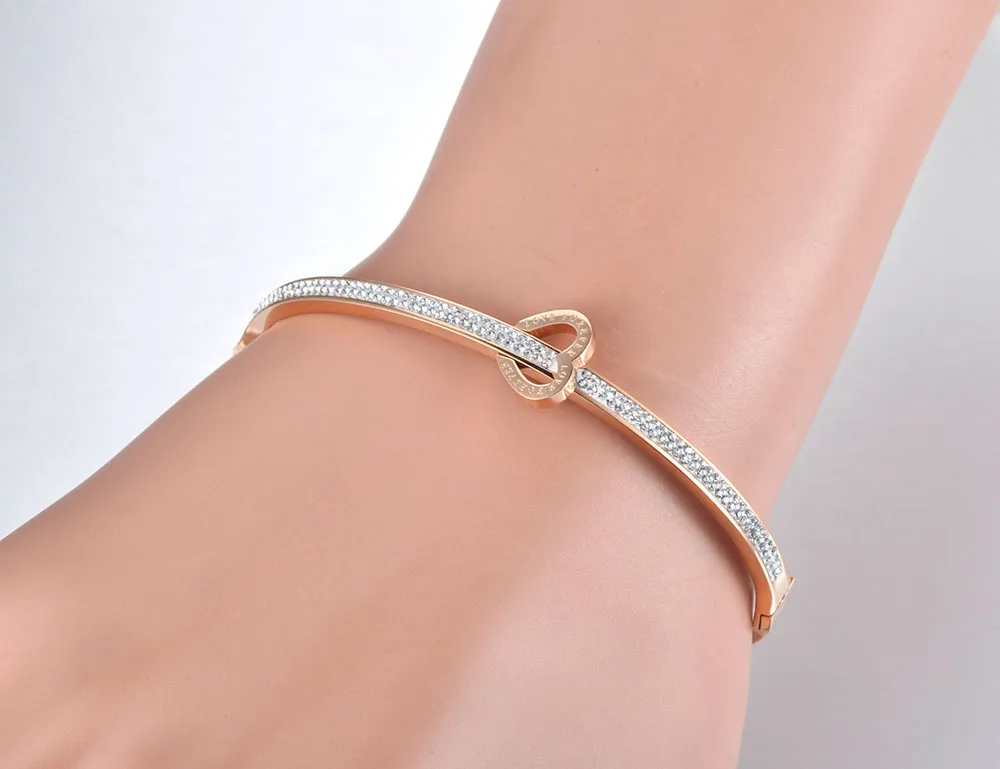 JeeMango Fashion Stainless Steel Love For Ever Rhinestone Cuff Bangles Bracelet Jewelry For Women Valentine\'s Day Gift JB19032