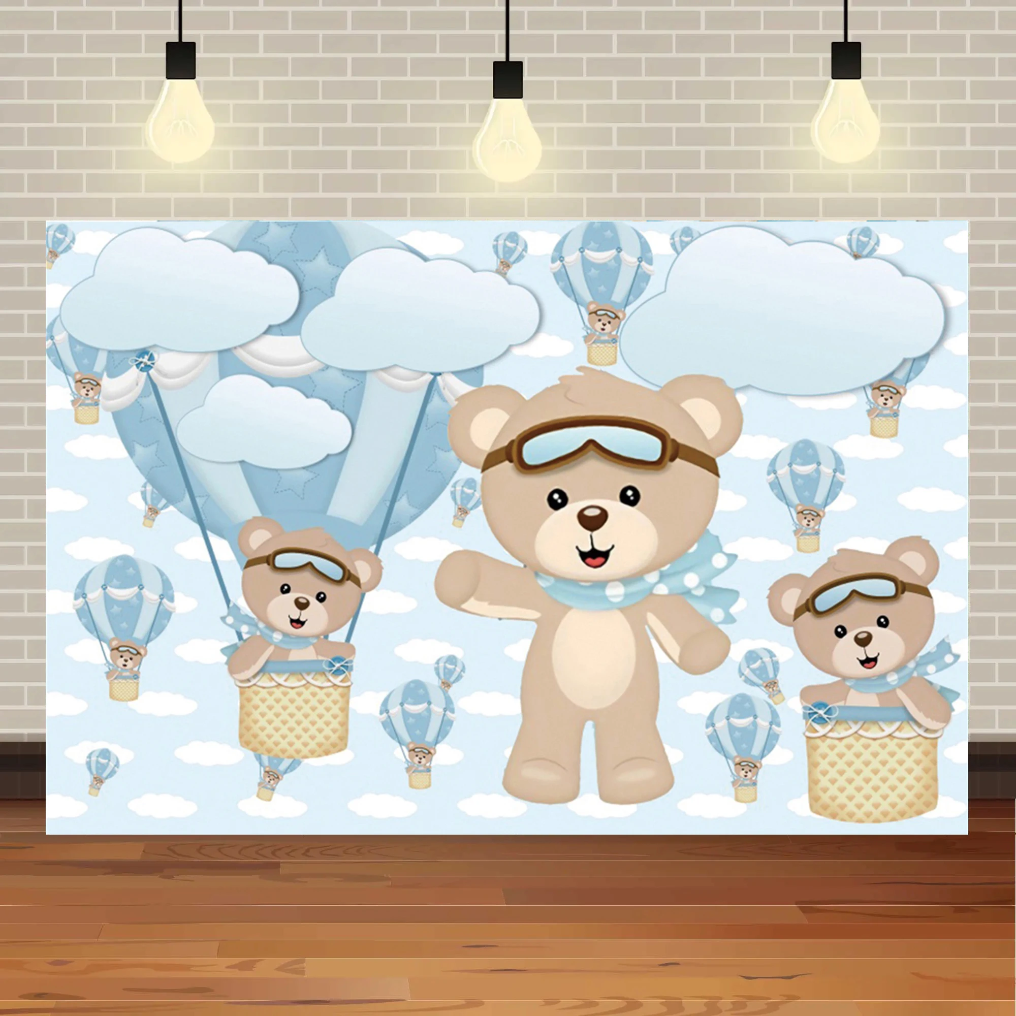 Baby Bear Hot Air Balloon Baby Shower Backdrop Photocall Girl or Boy Unveiling Party Birthday Decoration Backdrop Photo Studio