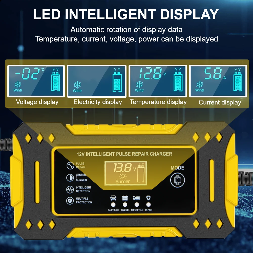 6A 12V 3段階急速充電式蓄電池充電器、鉛蓄電池AGM GELバッテリー用、インテリジェントパルス修復機能付きカーバッテリー充電器