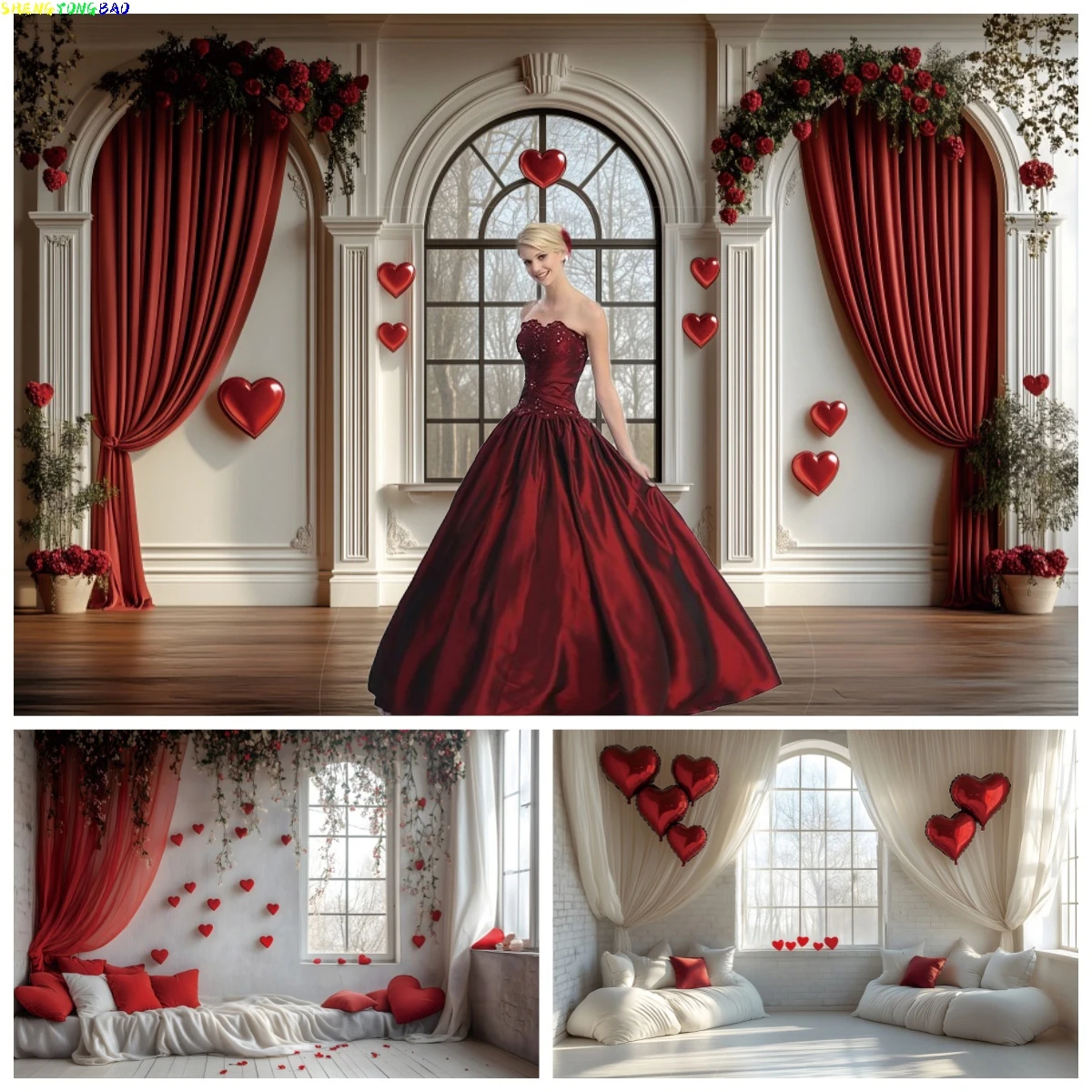 

Valentine's Day Photography Backdrops Red Curtain Love Heart Arch Door Window Wedding Scene Bridal Shower Background Photo Props