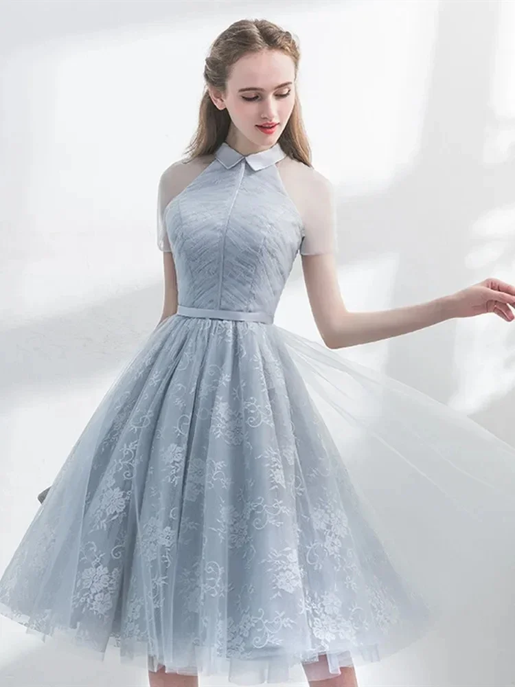 Customization Cocktail Gowns Gray Tulle Lace Short Sleeve A-line Tea-Length Zipper Plus size Customized Women Party Formal Dress