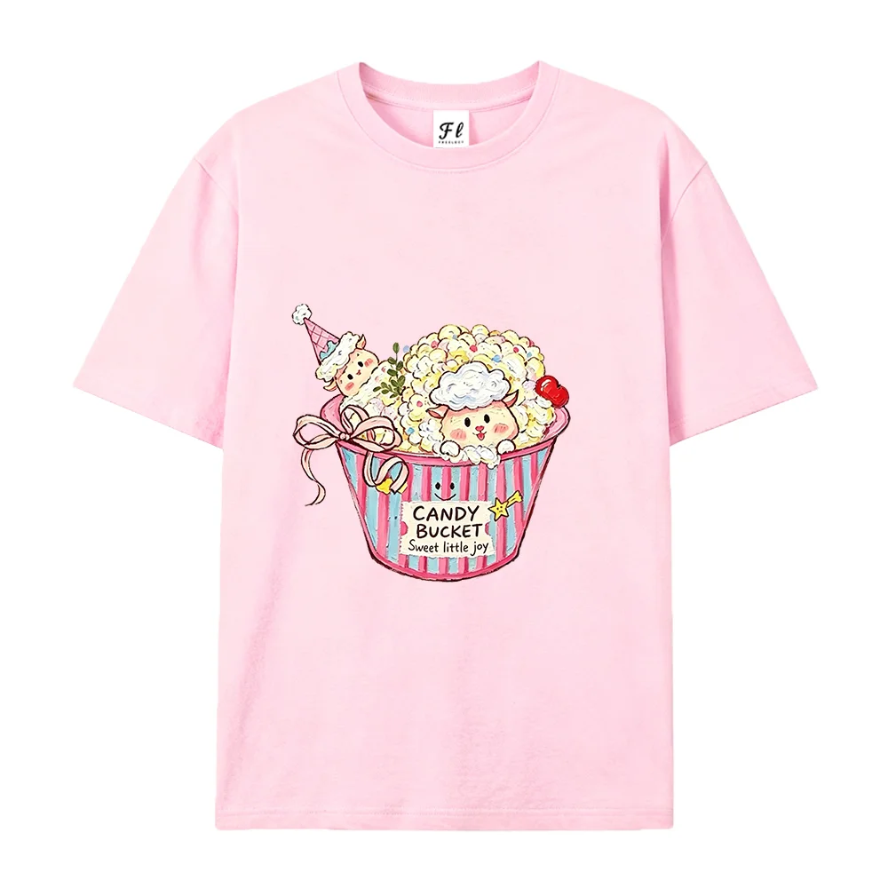 Women T‑Shirt Kawaii Candy Bucket Sheep Graphic Tees Sweet Little Joy Print Cute Cartoon Animal Casual Streetwear Short Sleeve