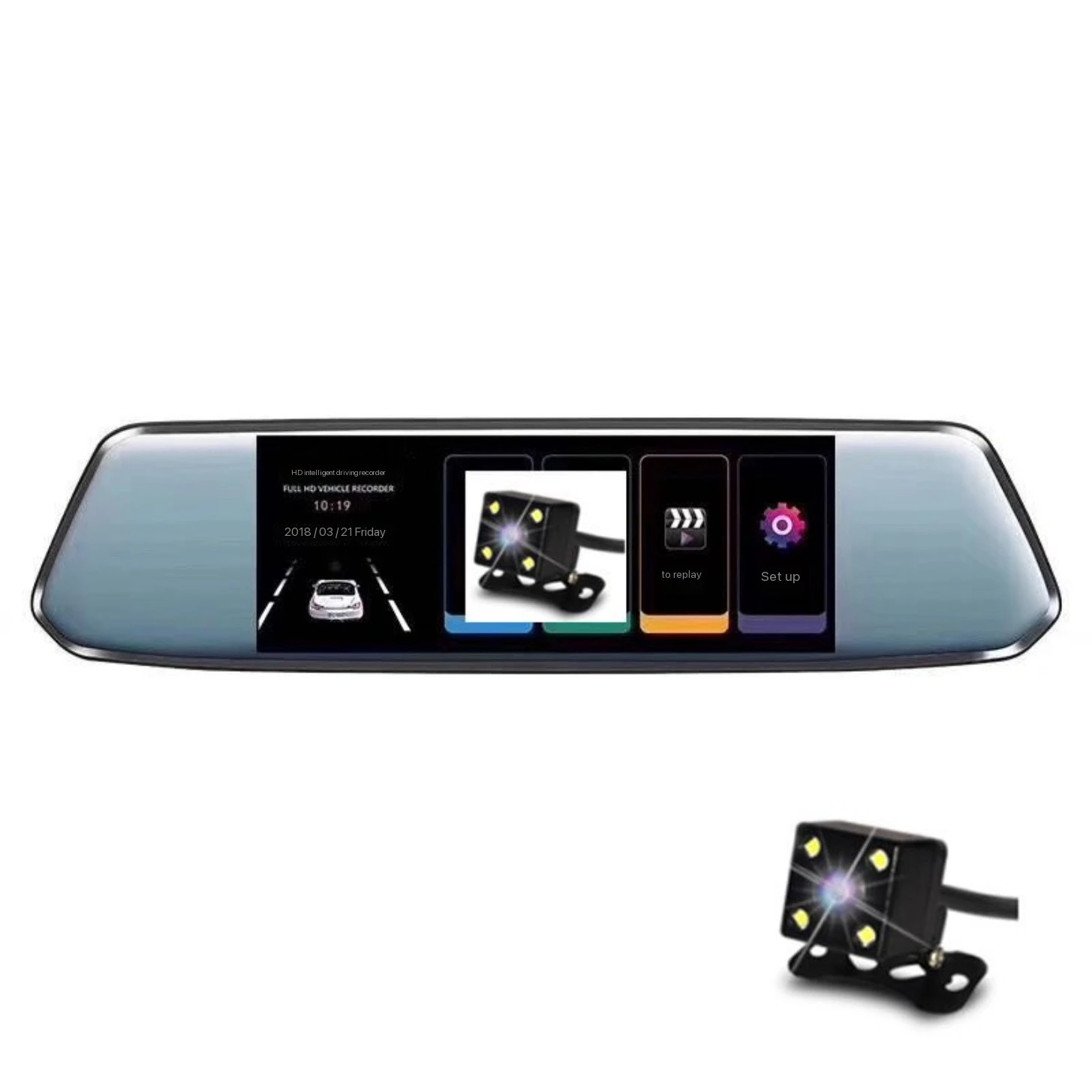 Автомобильный видеорегистратор высокой четкости 1296P с 7-дюймовым сенсорным экраном, зеркало заднего вида с двумя объективами, 2,5D стекло для автомобильных камер обратного обратного изображения