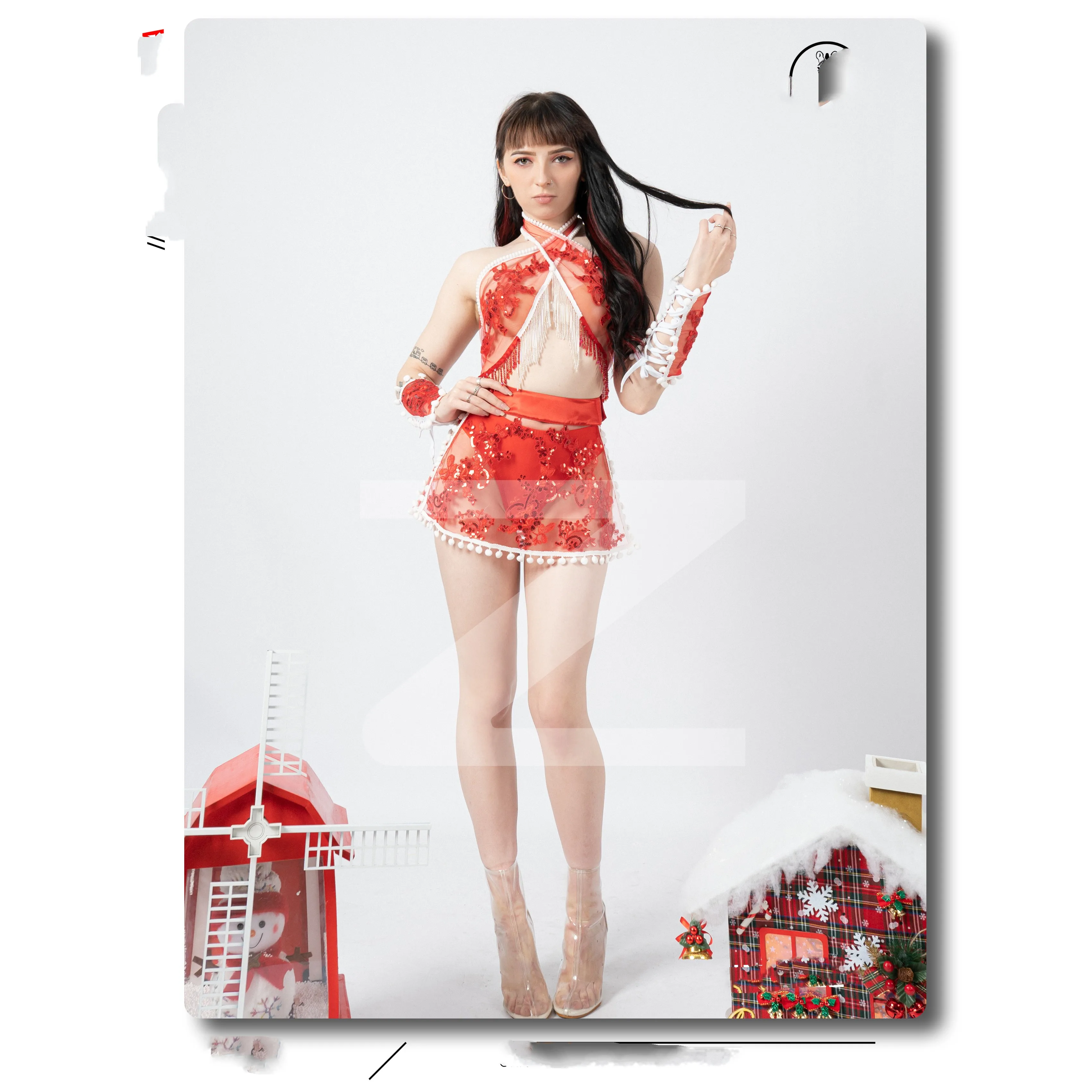 New sexy European and American Christmas New Year girl perspective sequined lace split skirt gogo