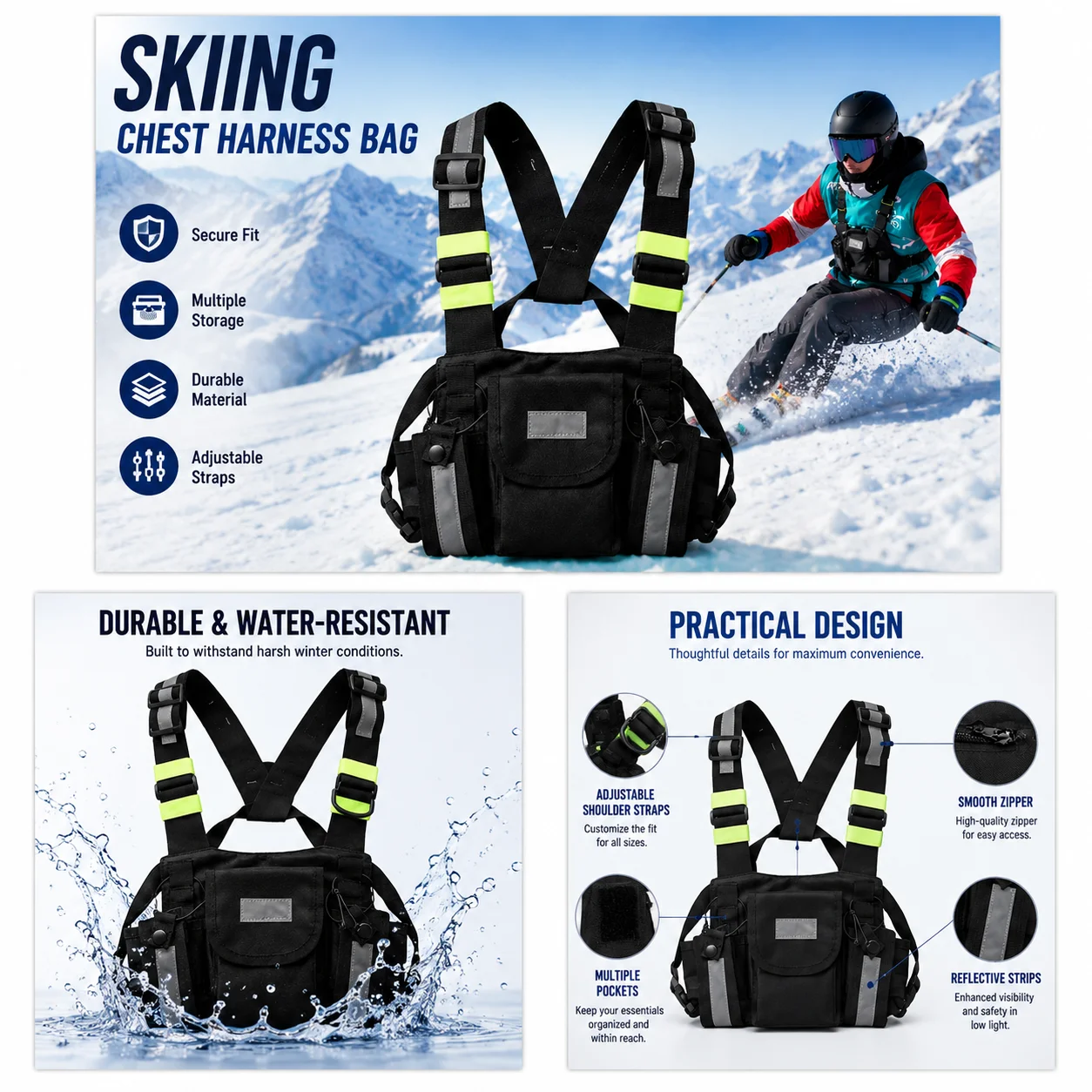 

Premium Ski Chest Bag with Reflective Straps and Walkie-Talkie Holder for Winter Sports Freestyle and Outdoor Activities