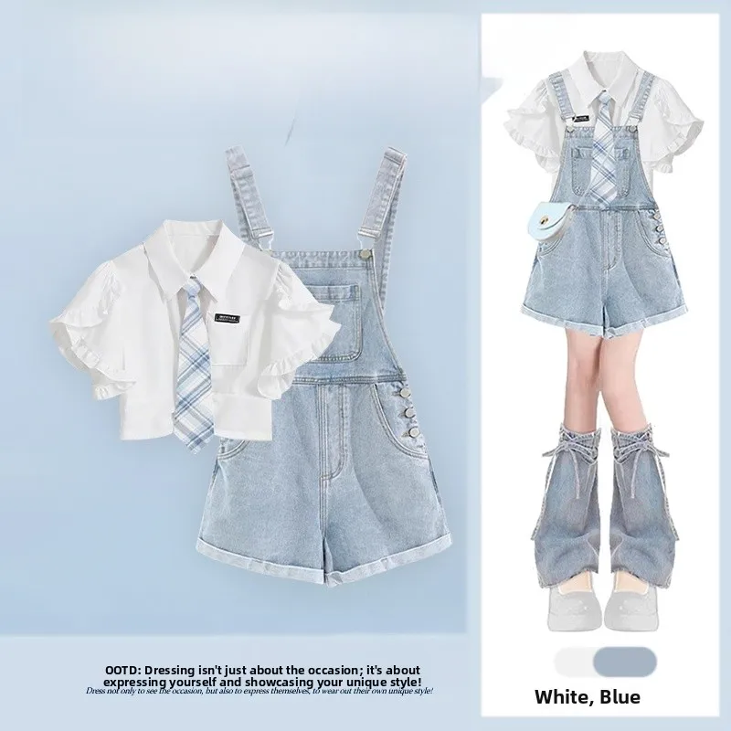 

Новый летний антивозрастной модный комплект для женщин: топ с рукавами-крылышками и джинсовый комбинезон для стройности, корейский дизайн, две части