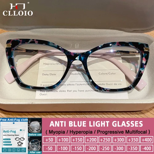 CLLOIO, gafas de lectura antiluz azul a la moda para mujer, gafas simples de ojo de gato, montura graduada, gafas ópticas para miopía e hipermetropía