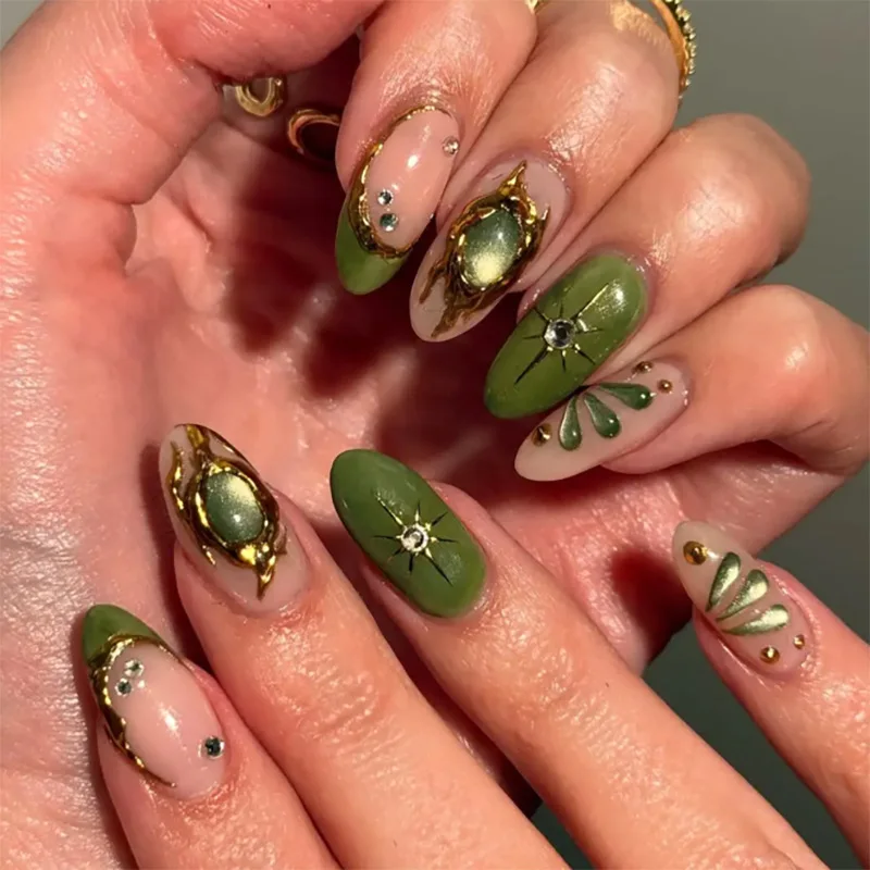 

24pcs Bohemian Style Press-On Nails with 3D Gold Irregular Circles & Rhinestones on Emerald Green Base, Long Almond Shape