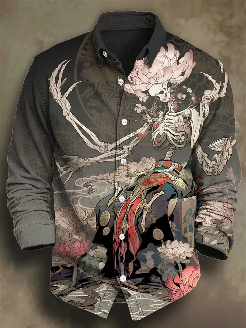 New Watercolor Flower and Bird Full Print Long Sleeve Shirt Texture Men's Travel Casual Long Sleeve Top