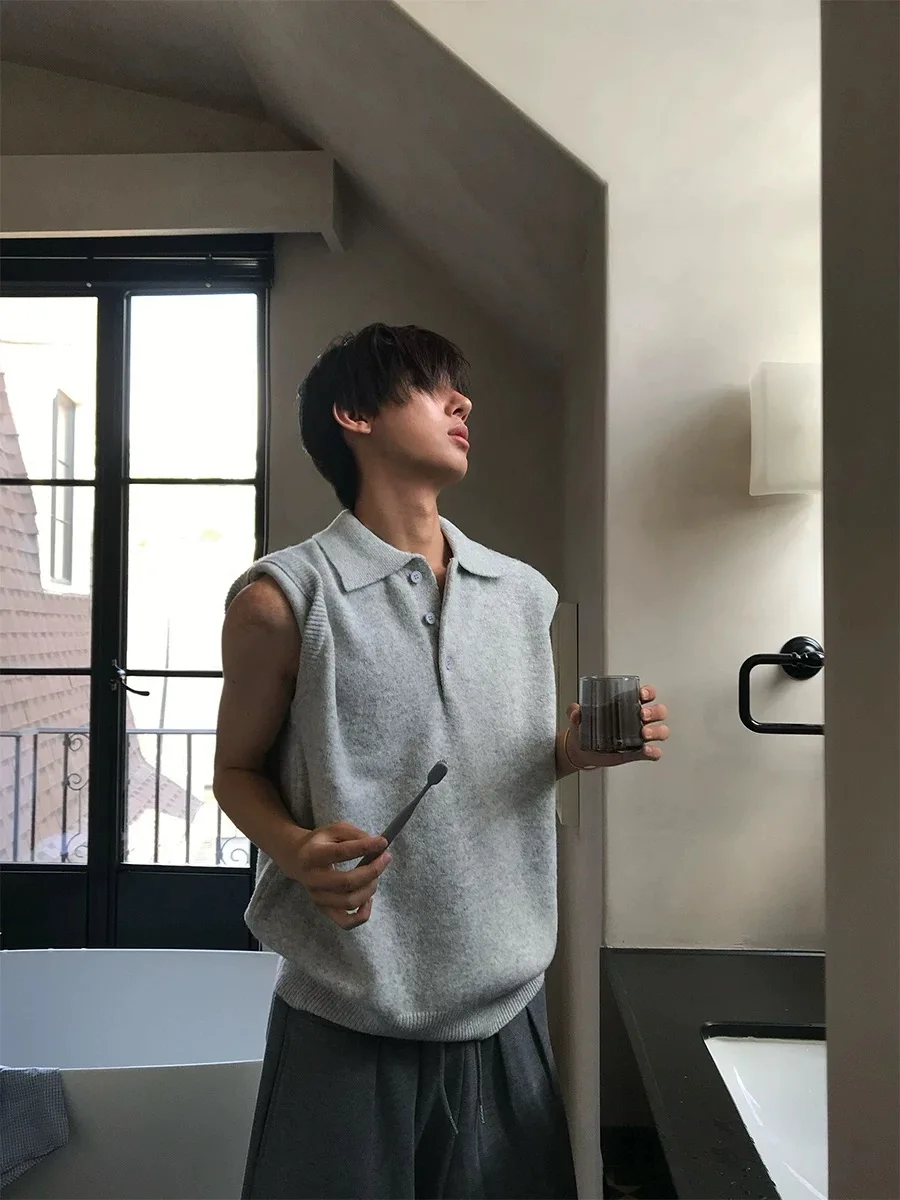 

Korean Sle Pure Color Collar Svel Knitted Vest Men's Loose Casual Autumn Winter Versatile Warm Color Sweater