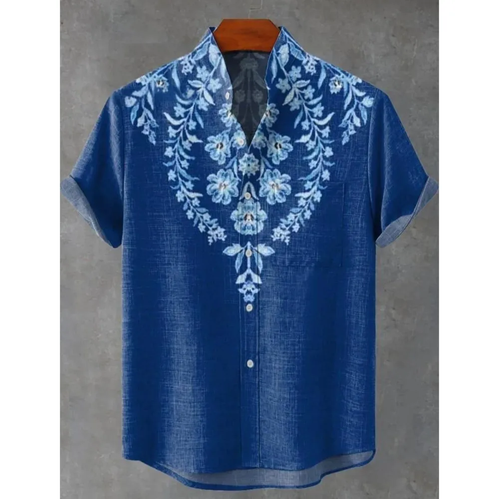 Moslim Kleding Heren 레트로 부족 토템 패턴 인쇄 남성용 리넨 편안한 패브릭 반팔 셔츠 부족 민족 스타일