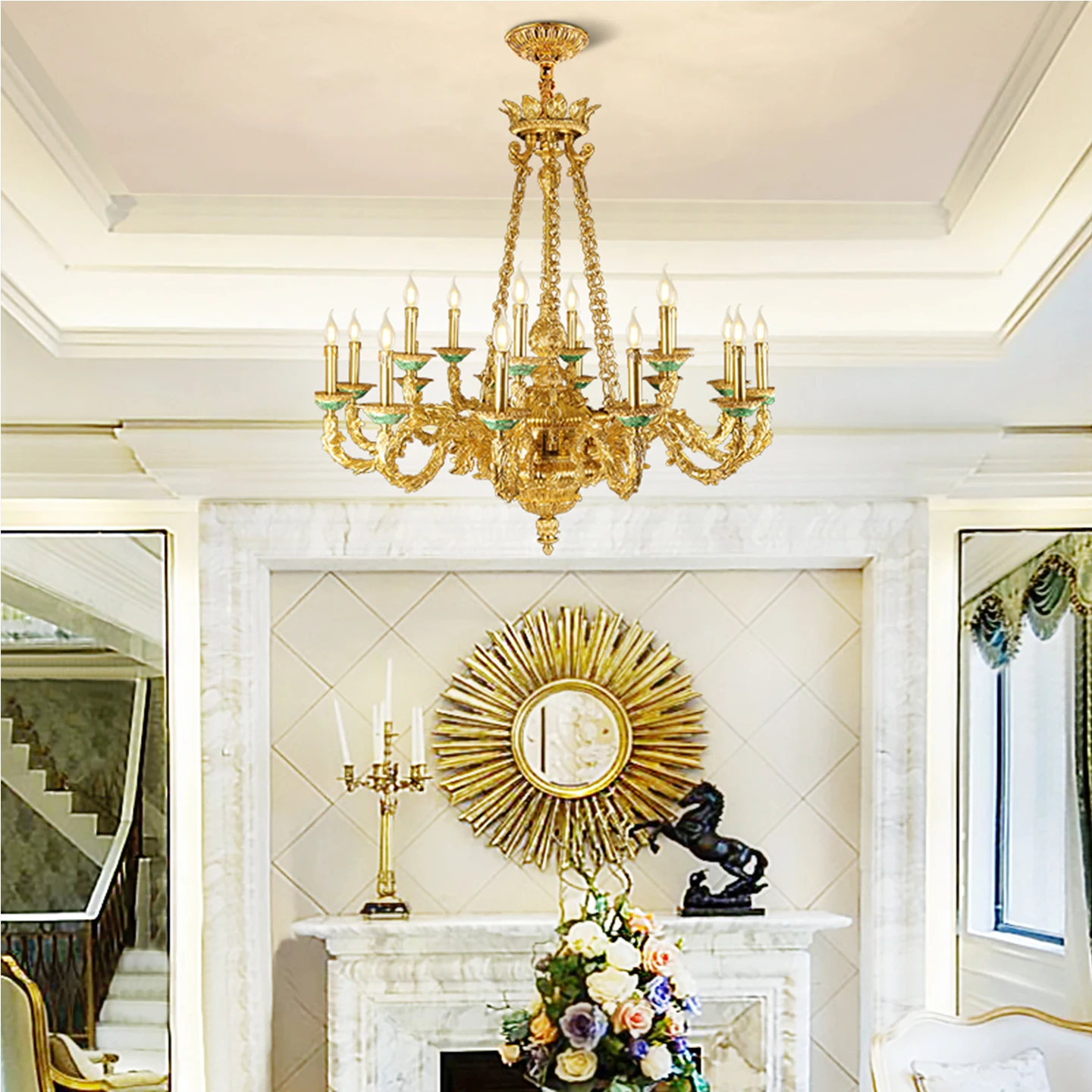 French Royal Retro Villa Living Room Indoor Dewaxed Copper Chandelier Hotel Banquet Hall Dining Room Candle Pendant Lamp