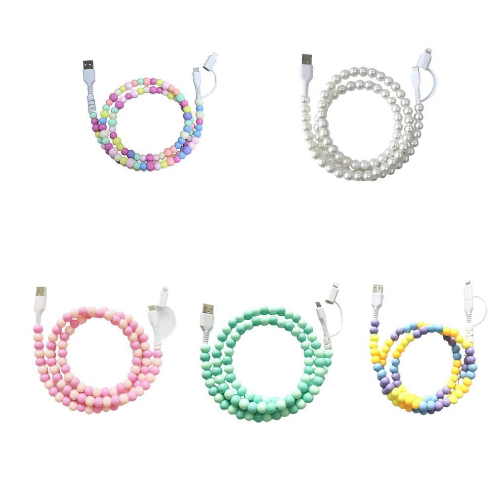 2 في 1 كابل شاحن الهاتف المطرز USB-A إلى USB-C إلى الهاتف شحن سريع مزامنة البيانات حماية لدغة الحيوانات الأليفة شواحن الهاتف اللؤلؤ #6