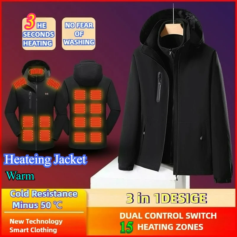 

15-зонная куртка с подогревом, зимняя электрическая USB-самонагревающаяся ветровка для приключений, мужская 3 в 1, водонепроницаемое термофлисовое пальто Chaqueta