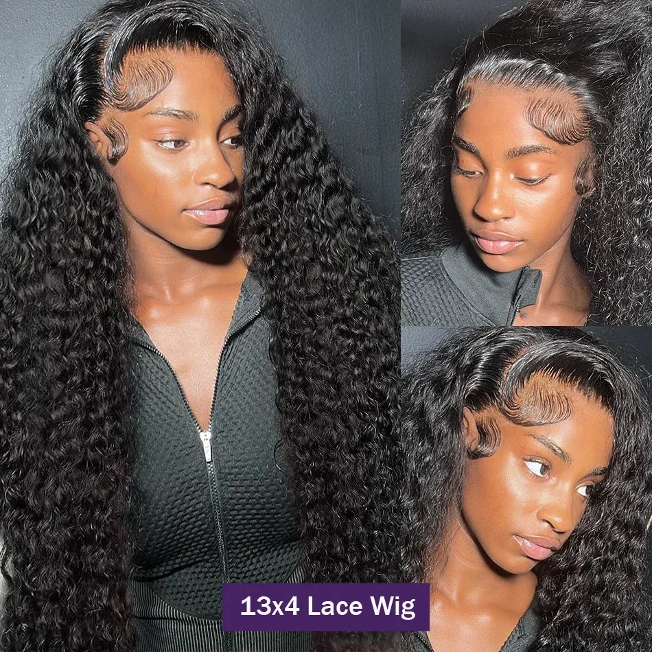 13x4 Deep Wave Curly Lace Front Human Hair Wigs 28 40 Inch 200 Density HD Transparent Lace Pre Plucked With Baby Hair Remy Brazilian Wigs For Black Women`
