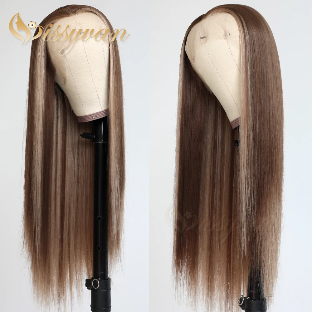 Missyvan Highlight Synthetic Lace Front Wigs Long Straight Hair Mix Brown Color Lace Wigs for Fashion Women