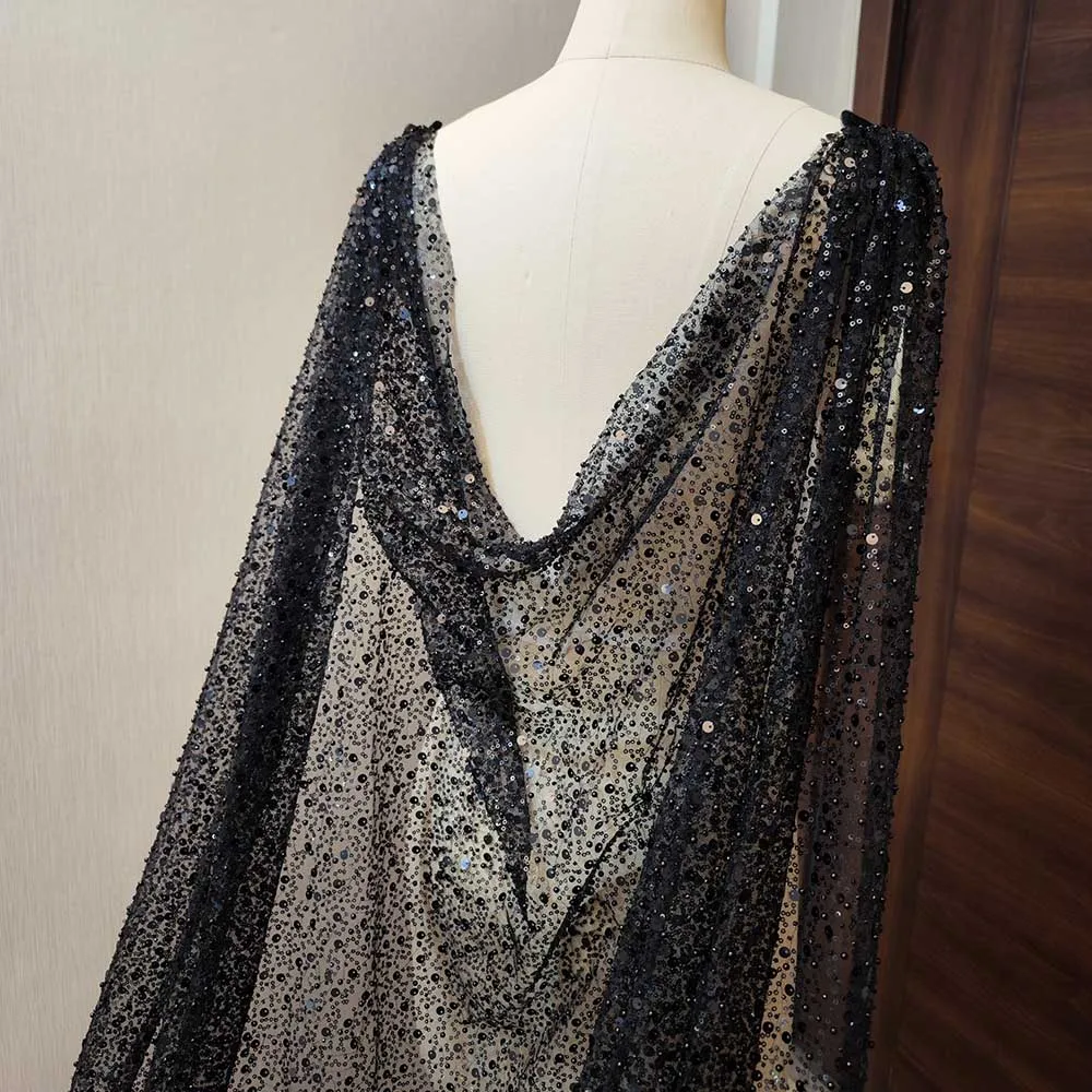 

Black Shoulder Veil with Beads Sequins Luxury Heavy Beaded Wedding Cape 3 Meters Long Bridal Bolero Bride Accessories