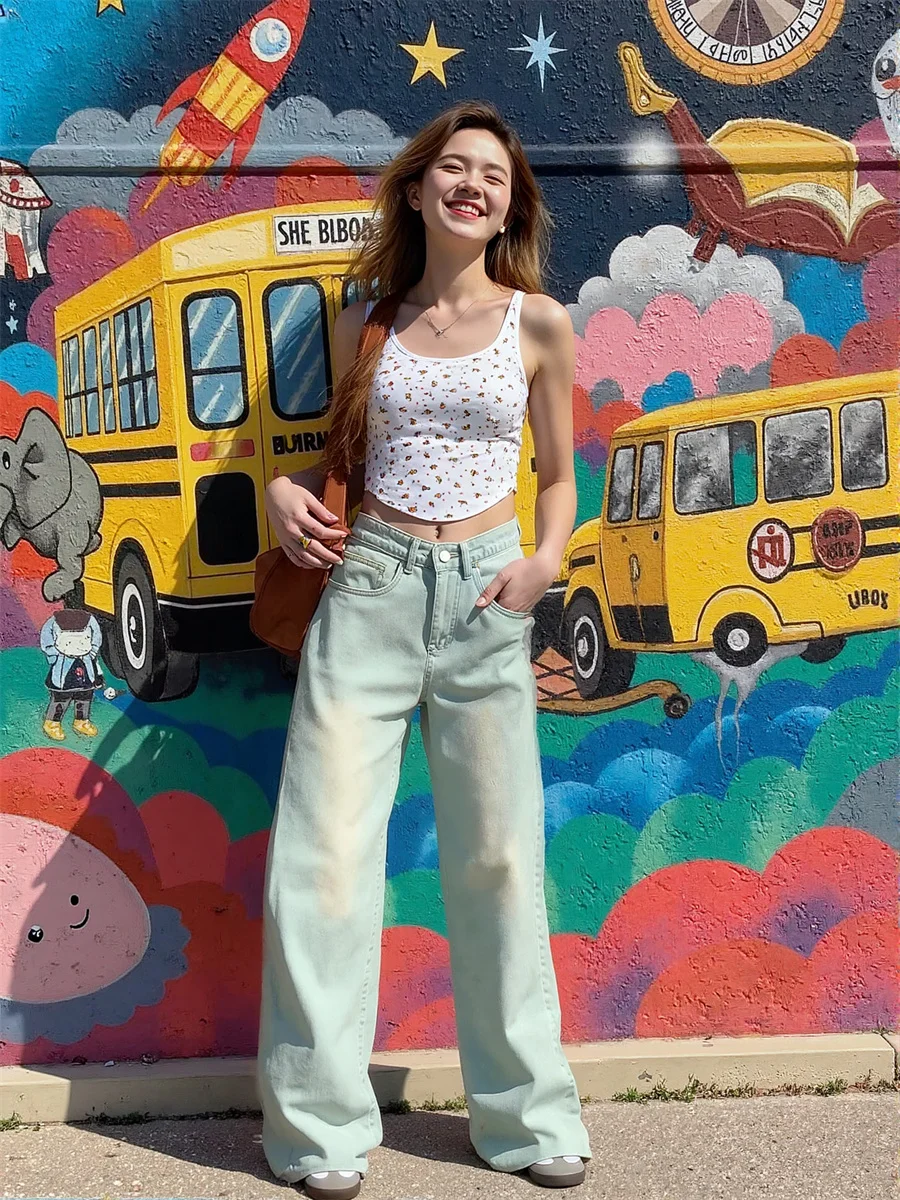 

Floor Wide Leg Distressed Jeans Womens Cropped Ankle Length Slim Fit Patchwork Pleated Flared Stretchy Ripped Streetwear