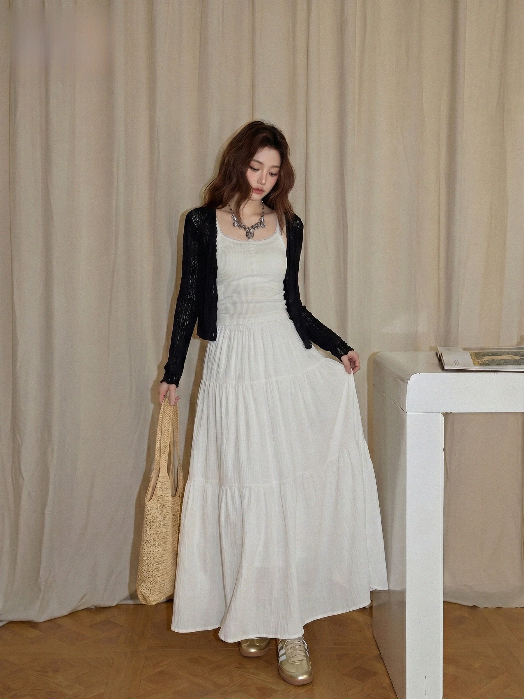 White High Waist A-Line Cake Skirt Women's Loose Hip Covering Lazy Style Mid-Length Long Skirt Casual Style Daily Wear