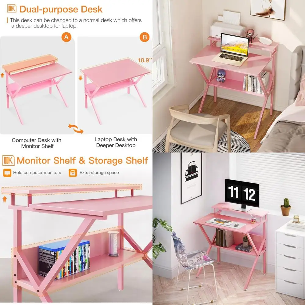 

Compact 27.5 Pink Kids' Desk with Storage and Monitor Stand for Small Spaces and Homeschooling