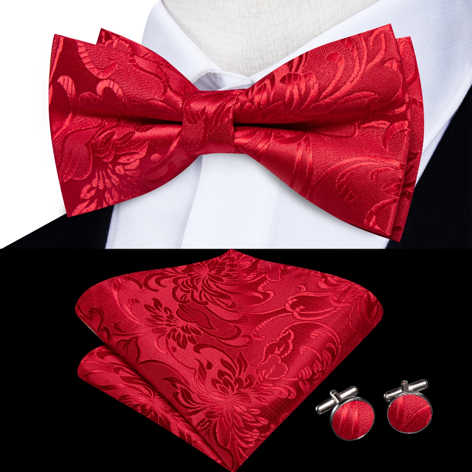 Mens Pre-tied Bowtie Red Yellow Pink White Floral Stripes Bow Tie Pocket Square Cufflinks Set Wedding Formal Casual silk Party