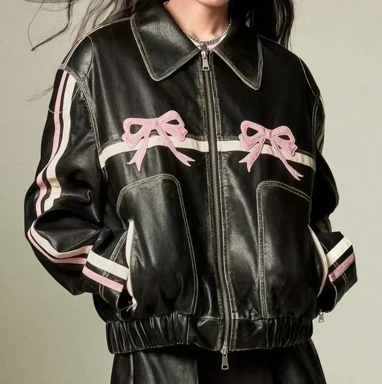 

2024 New Women's Sweet Cool Bow Retro Black Leather Jacket To Show Off Your Sexy Figure Bomber Jacket Women Fashion Coats