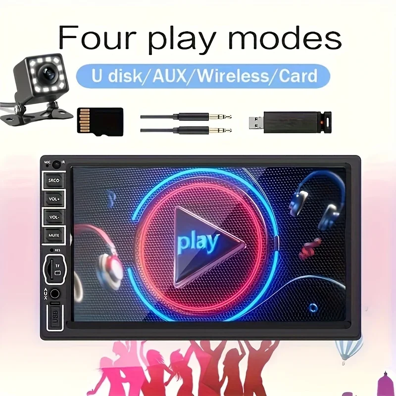 مشغل MP5 للسيارة عالي الدقة مقاس 7 بوصات مع راديو ستيريو للسيارة 2 Din، شاشة لمس عالية الدقة، كاميرا احتياطية 12 LED، USB، بطاقة SD، راديو FM، Double Din