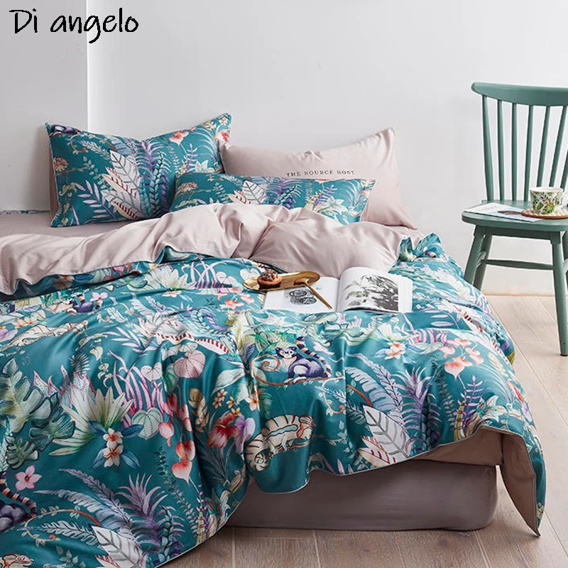 600TC 4 Uds. Juegos de cama con estampado Digital de pájaros y flores de algodón egipcio, juego de funda nórdica, sábanas de lujo, funda de almohada # /