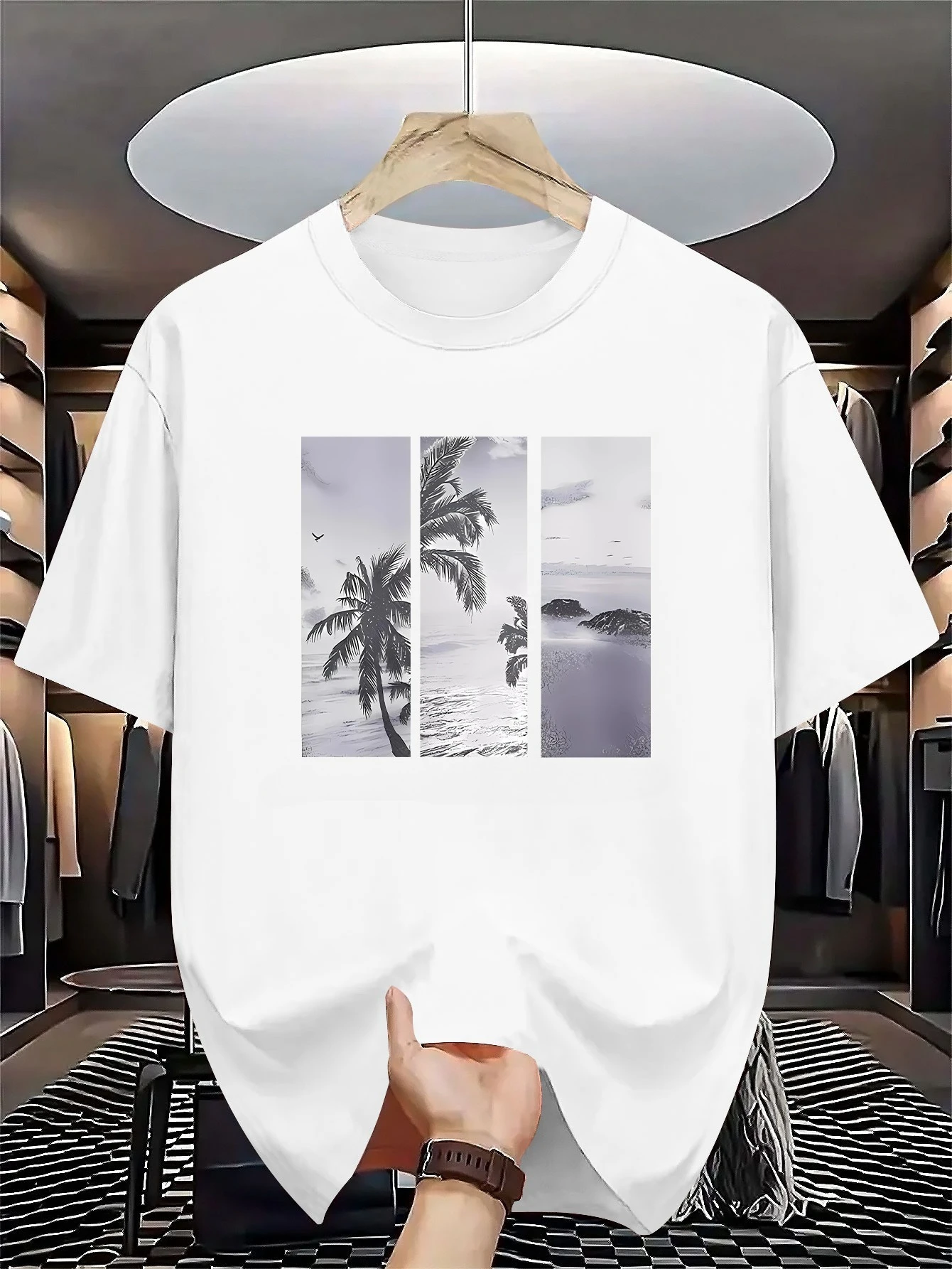 Palm Beach Panel Print Men T-shirt Soft Cotton Loose Coastal Holiday Retro Casual Daily Streetwear Tee